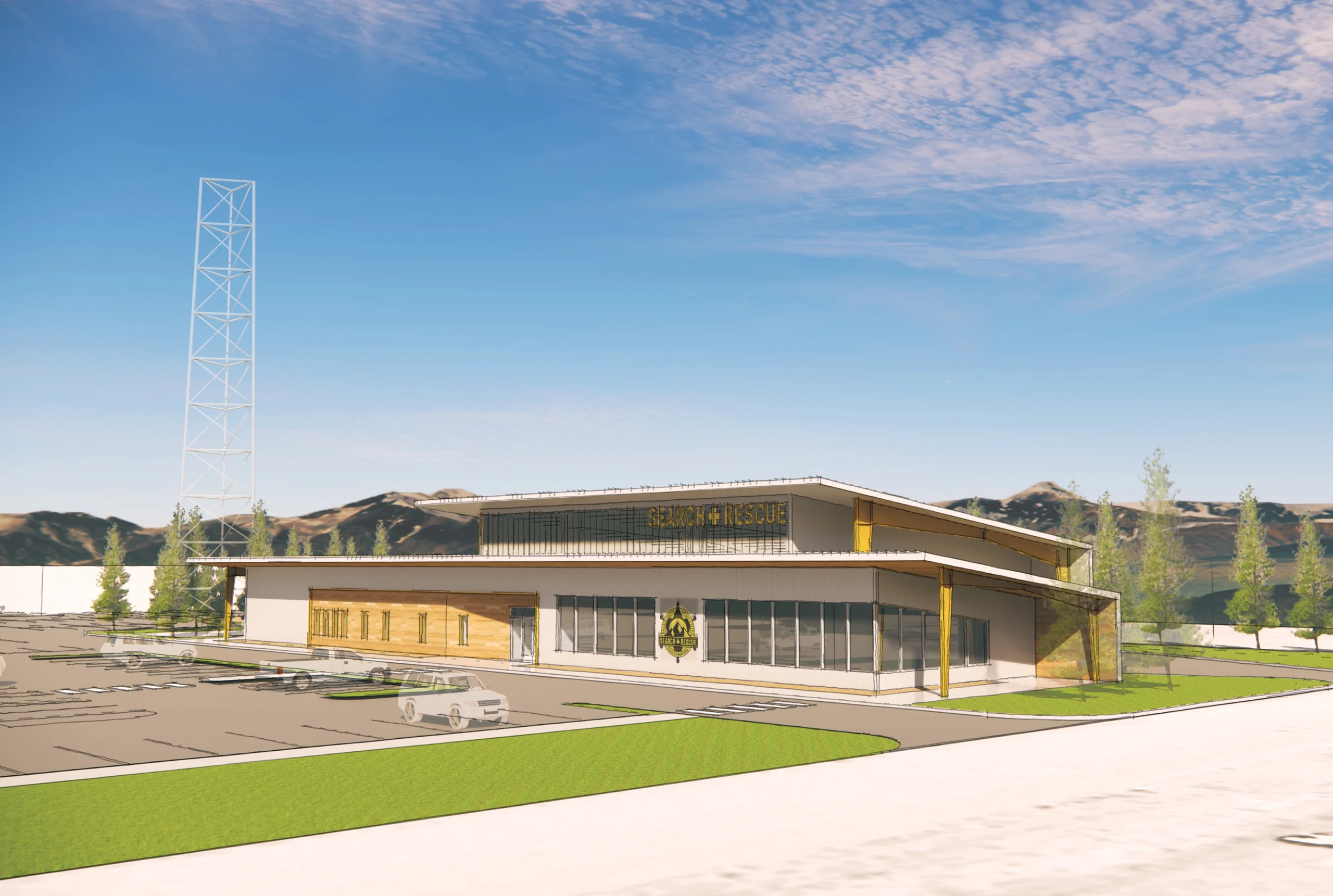 The Gallatin County Search & Rescue headquarters facade features clean lines, expansive windows, and a welcoming entrance for volunteers and visitors.