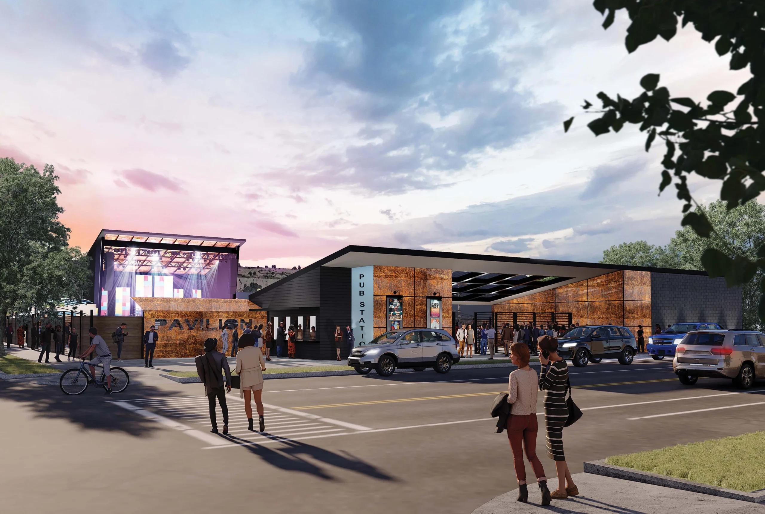 Architectural rendering of the Pub Station Outdoor Concert Venue in Billings, Montana, showcasing its modern design with a prominent entrance, corten steel panels, and an illuminated stage. The image depicts a vibrant atmosphere with concertgoers gathering outside, emphasizing the venue's urban integration and community focus.