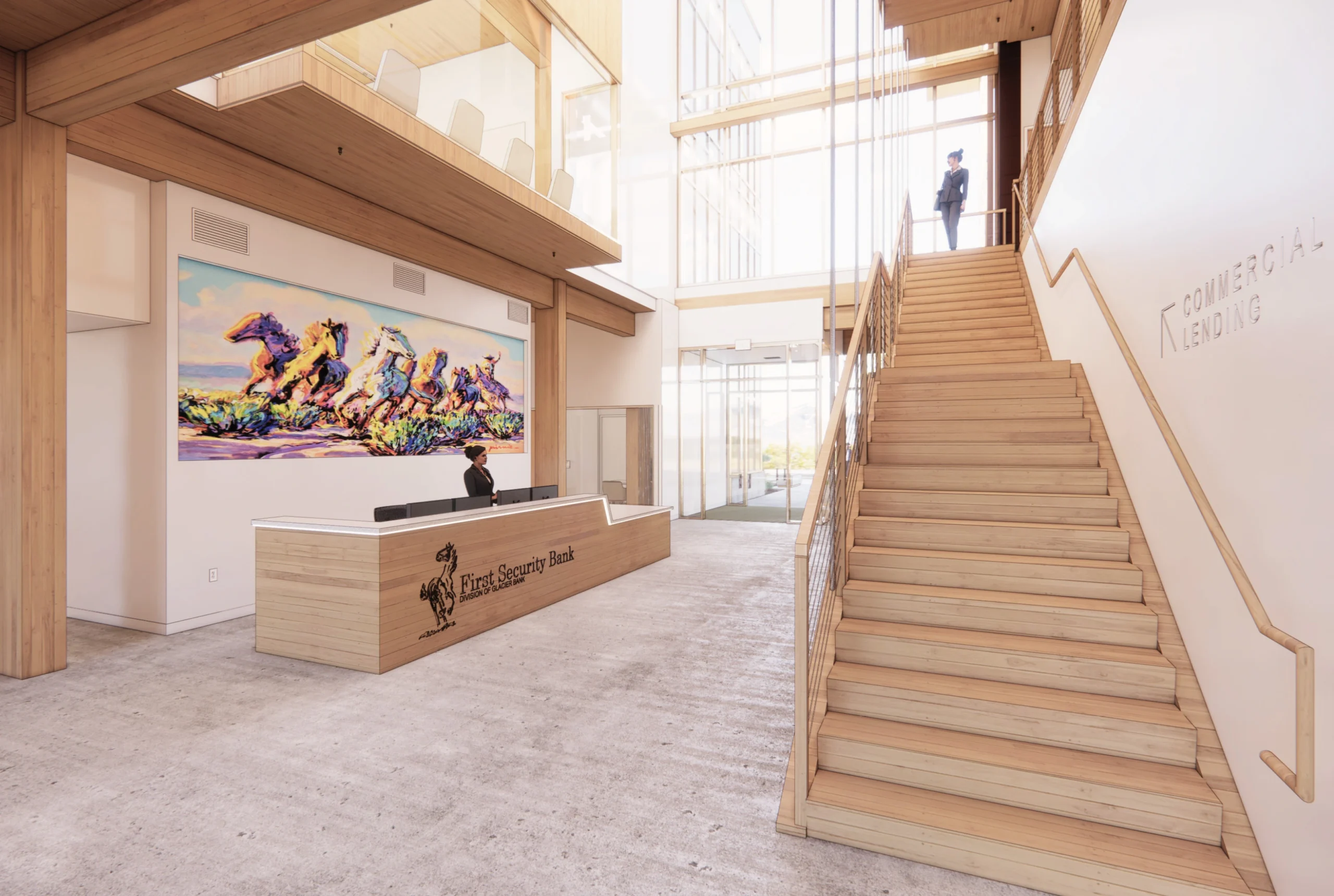 The First Security Bank atrium features a grand staircase designed to foster employee interaction and community connection.