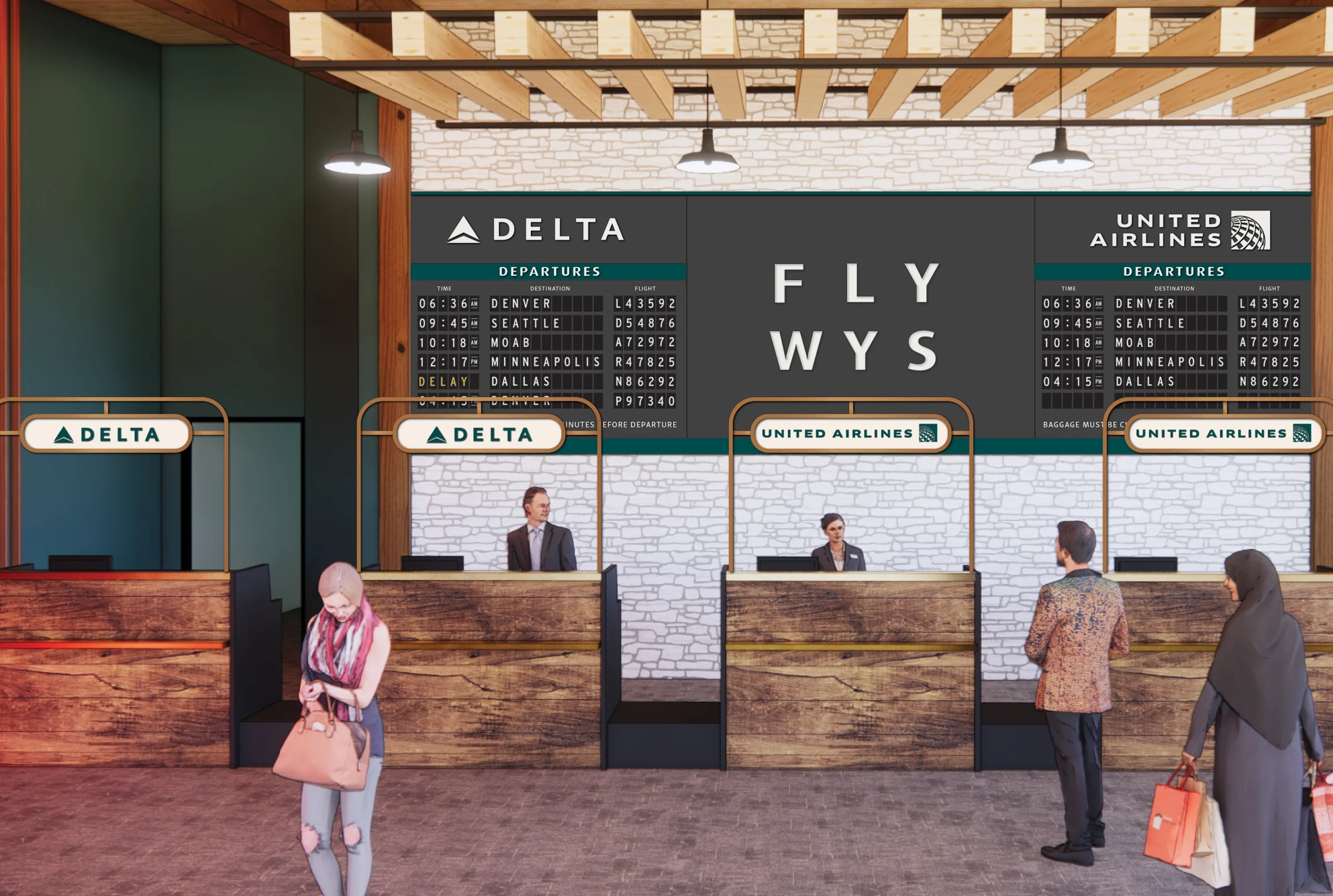 An engaging check-in experience at Yellowstone Airport featuring a split-flap display.