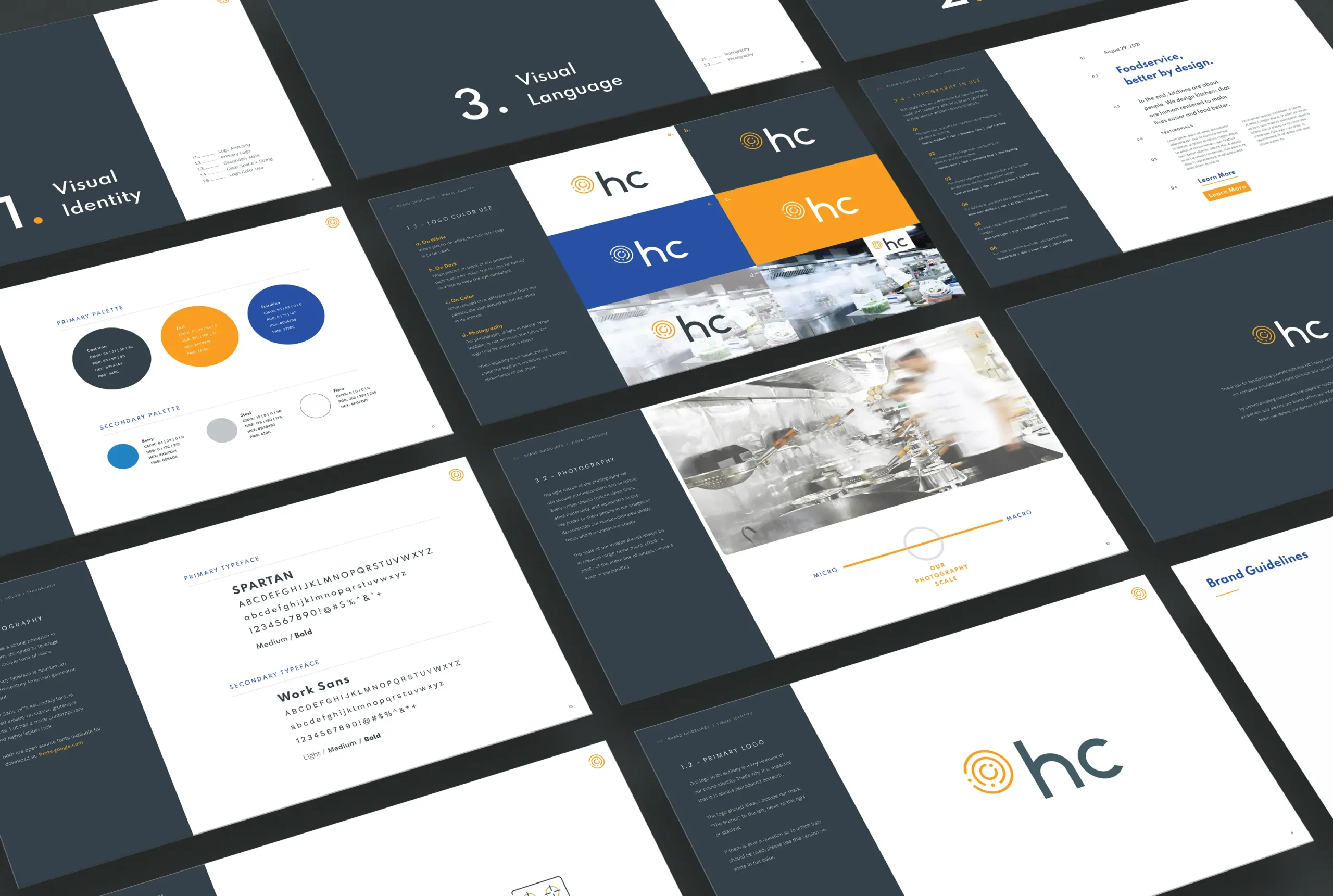 HC Design brand style guide showcasing visual identity elements, including logo variations, typography, color palette, and photography guidelines.