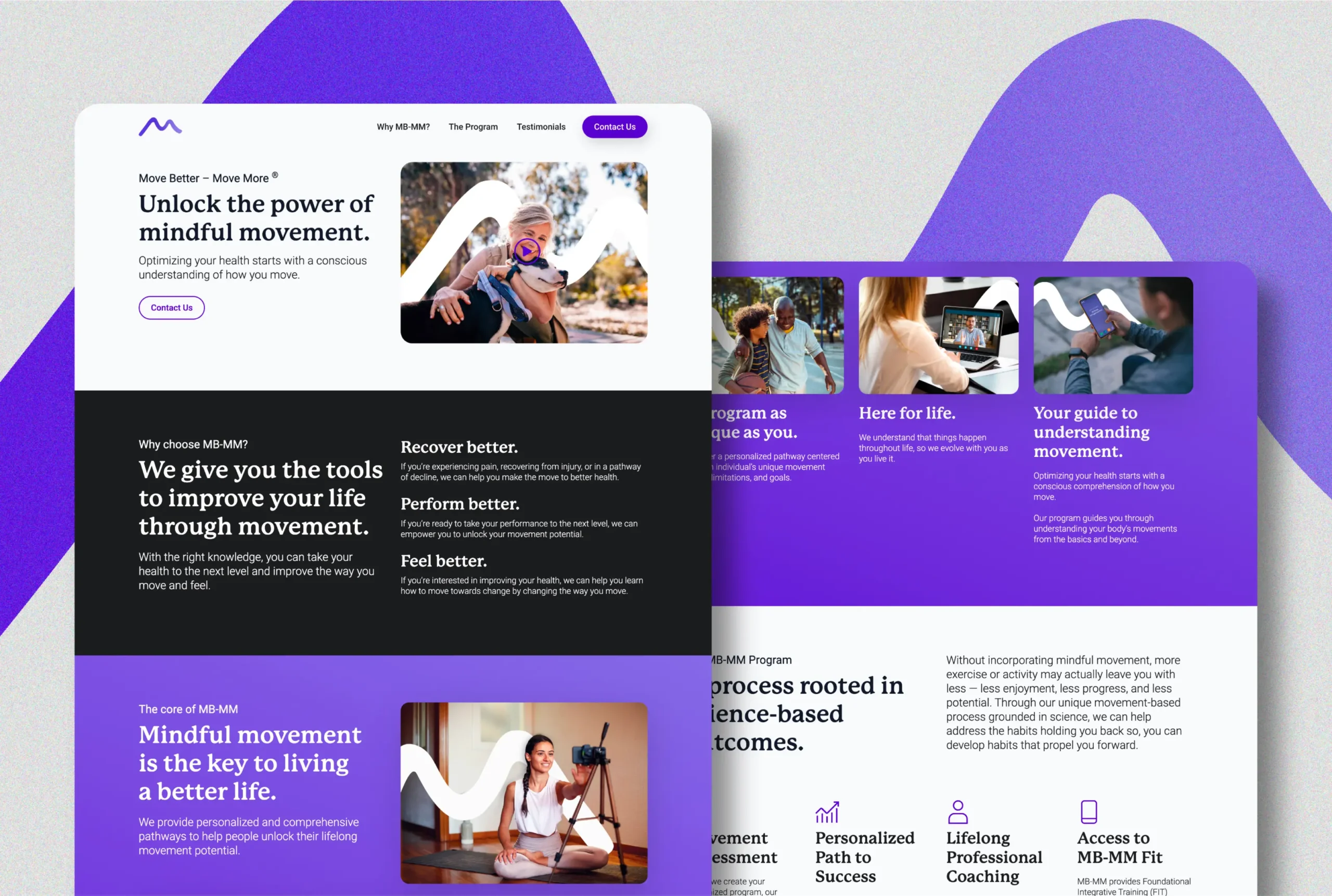 Move Better—Move More website design showcasing a bold, modern layout with vibrant purple accents, engaging imagery, and clear messaging on mindful movement and personalized health pathways.