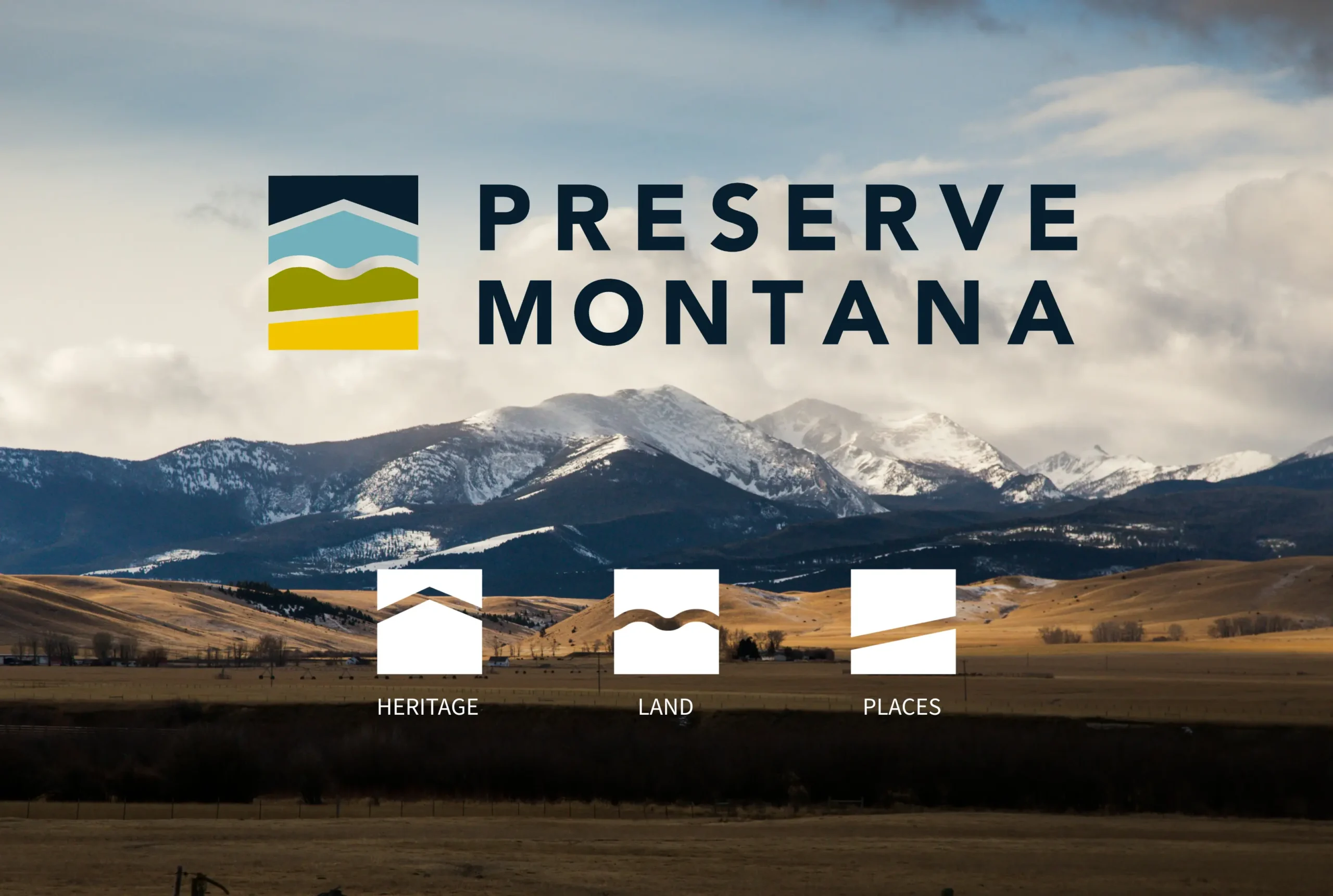 Preserve Montana’s logo displayed against a Montana landscape, featuring clean typography and a bold graphic symbol representing heritage, land, and places.